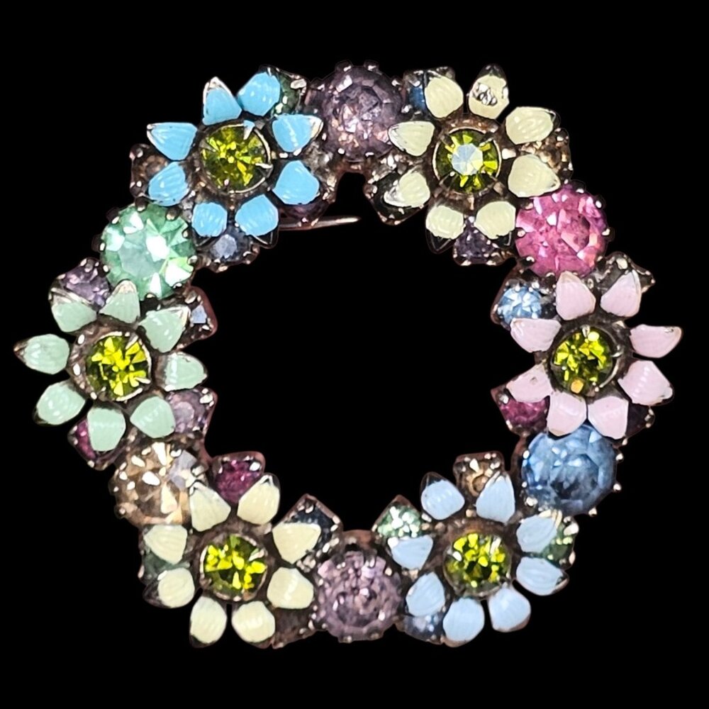 VTG MCM Weiss Brooch Rhinestone Floral Enamel Multi-color Signed Pastel‎